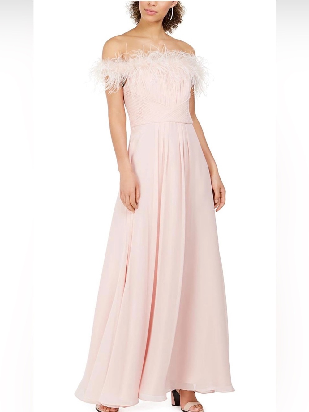 Off-Shoulder Feather Trim Pink Evening Gown
